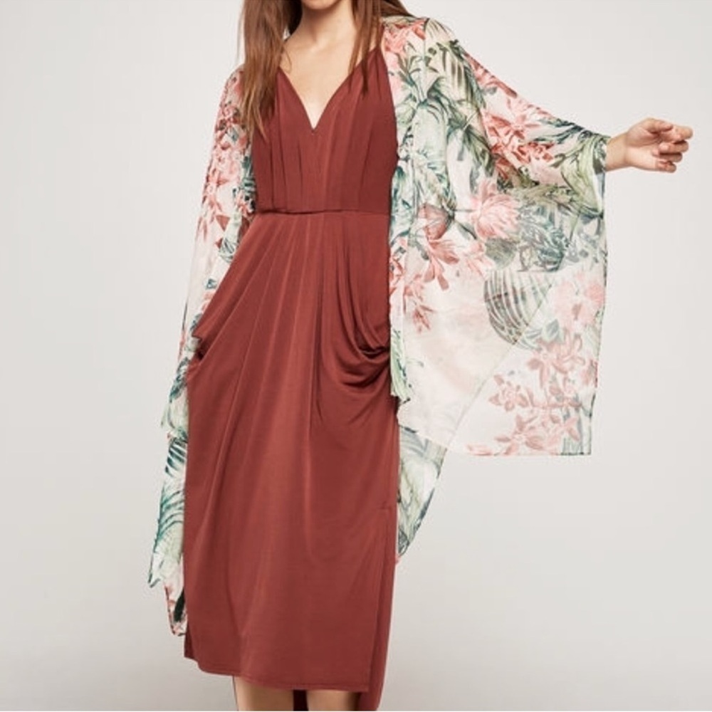 BCBGeneration Sheer Tropical Floral Kimono Wrap Cover-Up Boho Resort Tassel Tie - Picture 9 of 9